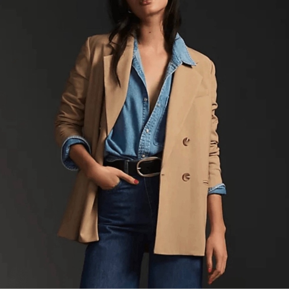 Anthropologie Maeve Double Breasted Boyfriend Shoulder Pads Camel Blazer Size 4